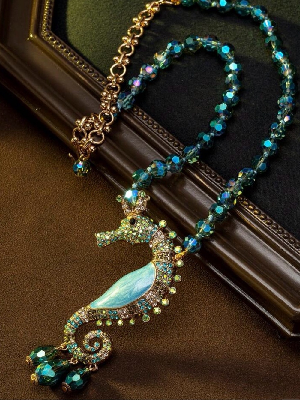 NWT Teal and Blue Crystal Seahorse Pendant Necklace, Statement Jewelry